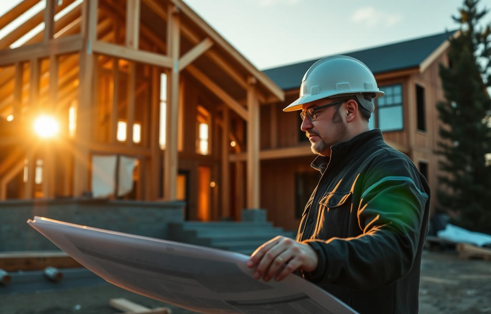 Construction consultant reviewing blueprints on a residential job site at golden hour